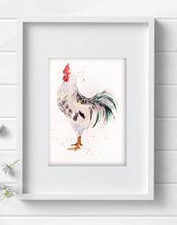 Watercolor rooster painting 8x11 inches bird aquarelle art by Anne Gorywine