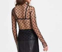 Black Mesh Top Womens Polka Dots Transparent Long Sleeve Sheer Top See Through Blouse Tulle