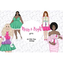 Merry And Bright Girls Clipart | Christmas Girl Clip Art
