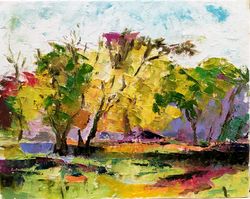 Autumn Landscape Original Art Small Oil Painting Fall Trees Painting Impasto Artwork Forest Painting 8" by 10"