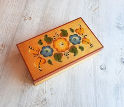 Ukrainian traditional rustic style folk art floral painted wooden jewelry box vintage