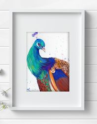 Original watercolor aquarelle peacock painting 8x11 inches bird art by Anne Gorywine