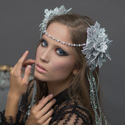 Silver halo headpiece Ice queen headdress Silver flowers woman Bridal tiara Halloween photoshoot Snow fairy Ice queen