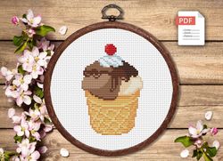 Ice Cream With Cherry Cross Stitch Pattern, Kitchen Cross Stitch, Embroidery Ice Cream, Dessert Cross Stitch