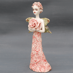 flower Fairy Pink rose Porcelain Figurine Lady Bell Woman butterfly Elf statuette Surreal figure ,Collectible figurine