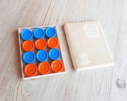 Orange blue checkers set - vintage Russian plastic draughts pieces