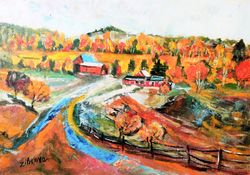 Vermont Landscape Original Art Green Mountain Oil Painting Autumn Landscape Fall Trees Painting Meadow Artwork