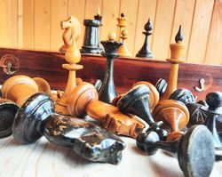 Antique Soviet chess set 1959 - Old Russian vintage Mordovian wooden chess