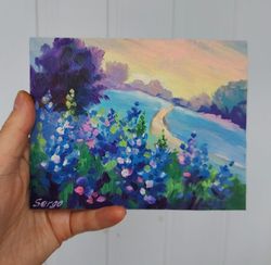 original oil art on cardboard texas landscape bluebonnets flowers 15x12 cm 6x5 inches
