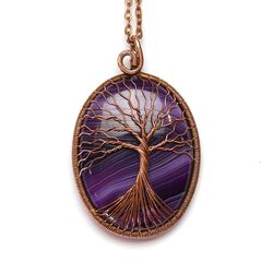 Tree Of Life Necklace Agate Pendant Handmade Boho Necklace Copper Wire Wrapped Jewelry Keepsake Necklace