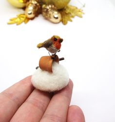 Tiny needle felted robin on a ceramic pot Christmas miniature