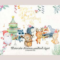 Watercolor christmas woodland clipart.
