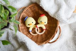 Yellow duck baby rattle crochet toy for baby shower or gift in baby box