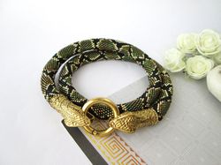 Green Gold snake python Beaded necklace snake jewelry crochet necklace gift for wife Birthday gift for mum jewelry gift