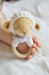 Cute crochet sheep baby rattle, Lamb teething baby toy little sister gift