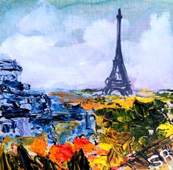 Paris Eiffel Tower Painting Original Art Cityscape Small Artwork 4" by 4" by SerjBond