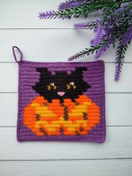 Crochet Pattern Potholder Halloween, Pumpkin cat, Witch in PDF