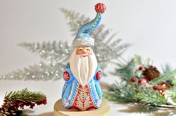 Hand carved Santa Claus, Light Blue Santa figure, Collectible wooden figure, Carved Santa