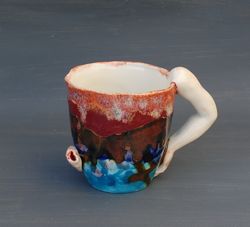 Ceramic art mug Horror Mug Surprise mug Hands sculpture Handmade cup Red brown blue ceamic mug, Gift for him, Halloween