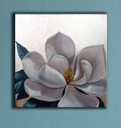 Magnolia Painting Gold Foil Original Artwork Floral Oil Painting Gold Wall Art Magnolia Flowers Art Oil On Canvas 9 by 9