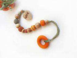 Crochet Pacifier clip Halloween with silicone toy, Baby Shower gift with wooden beads