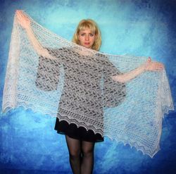 White wool scarf, Warm Russian Orenburg shawl, Hand knit wrap, Goat down cover up, Handmade stole, Lace kerchief, Cape