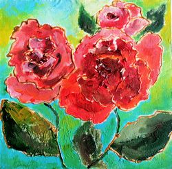 Rose Painting Floral Artwork Original Art Oil Painting Small Flowers Painting Red Roses Art Botanical Artwork 5" by 5"