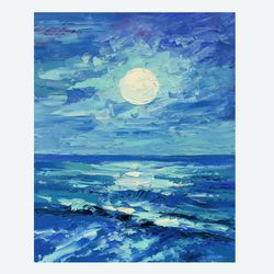 Moonlight night painting Seascape wall art original art Ocean oil painting Seaside artwork 8 by 10 inch by Juliya JC
