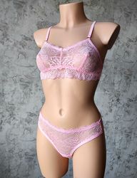 Women's Lingerie Set, See Through Pink Sexy  Bralette and Brazilian Panties ,Handmade to order by Lola Lingerie