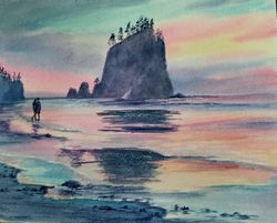 Sunset Seescape  See Painting Watercolor Original Artwork  Couple  Painting  by Nadia Hope