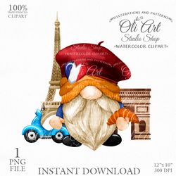 France Gnome, Paris, Eiffel Tower Clip Art. Hand Drawn Graphics, Instant Download. Digital Download. OliArtStudioShop