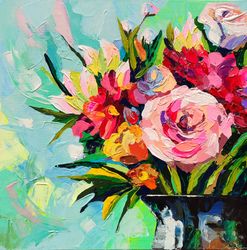 Peony  Flowers Canvas Painting Floral Original Art Impasto Painting Roses Modern Painting Mint