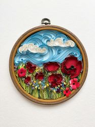 field with poppies in quilling technique - paper art - landscape art