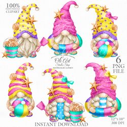 Beach Gnome Clip Art. Cute Characters, Hand Drawn graphics. Digital Download. OliArtStudioShop
