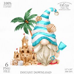 Beach Gnome Clip Art. Sand Castle. Cute Characters, Hand Drawn graphics. Digital Download. OliArtStudioShop