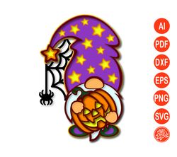 Layered Halloween Gnome With Pumpkin and Spider svg for cricut