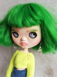Blythe custom doll sculpting Alien dark green hair white skintone tbl ooak sculpt face blythe collectible doll gift