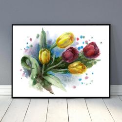 Bouquet of tulips watercolor illustration. Botanical Wall Art. Digital download poster JPG Files. DIY Print Room Decor