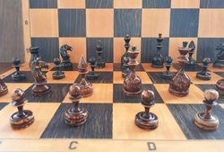 Old wooden chessmen USSR - red black 50s vintage Soviet chess pieces set