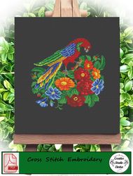 Cross stitch pattern Bird and flowers  - Vintage Cross Stitch Scheme Red parrot