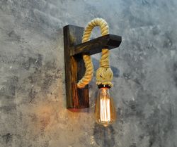 Wall Sconce Wood Lamp With Rope Rustic Lighting Wooden Pendant Industrial Light Fixture Housewarming Gift Modern Lamp