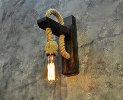 Wall sconce Wood lamp with rope Rustic lighting Wooden pendant industrial light fixture Housewarming gift Modern lamp