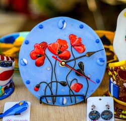 Unique wall clock with red poppies - Clock for wall - Round silent wall clocks