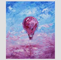 Hot Air Balloon Painting Original Art Pink lake Artwork 10 by 12" Skyscape Oil Painting by Juliya JC