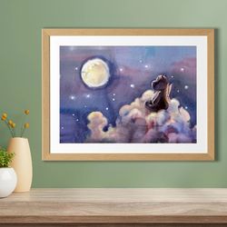 Sky Hippo Moon Wall Art Printable Watercolor. Instant Download DIY Print. Nursery Boy Girl Baby Kids Room poster