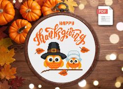 Happy Thanksgiving Cross Stitch Pattern, Thanksgiving Cross Stitch Pattern, Owl Cross Stitch Pattern