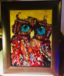 Red owl in glasses,stained glass panel,abstract painting on glass.