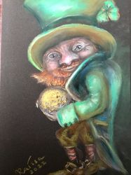 Leprechaun with a golden coin,original soft pastel painting ,gift,home decoration