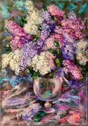 Lilac Flowers Impasto Big Oil Painting on Canvas Original Artist Svinar Oksana