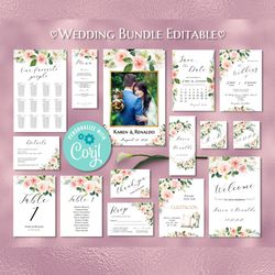 Pink Floral Wedding Invitation Set, Editable Wedding Invitation, Wedding Template Bundle, Floral Wedding Pack Printable